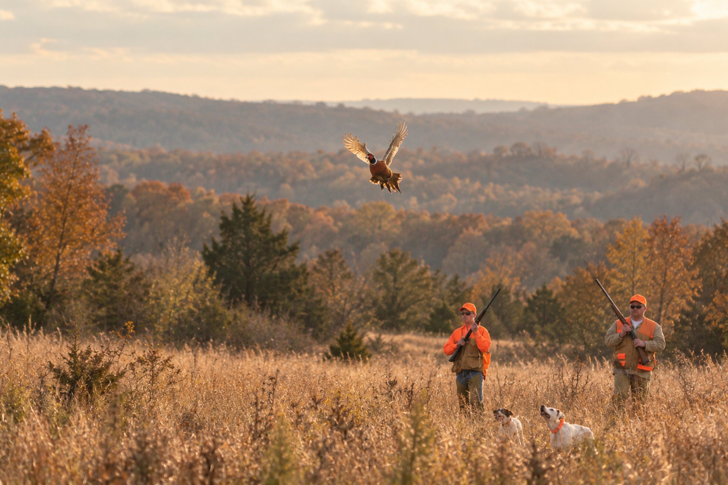 Two hunters and pointing dogs working an Ozark field as a rooster pheasant flushes