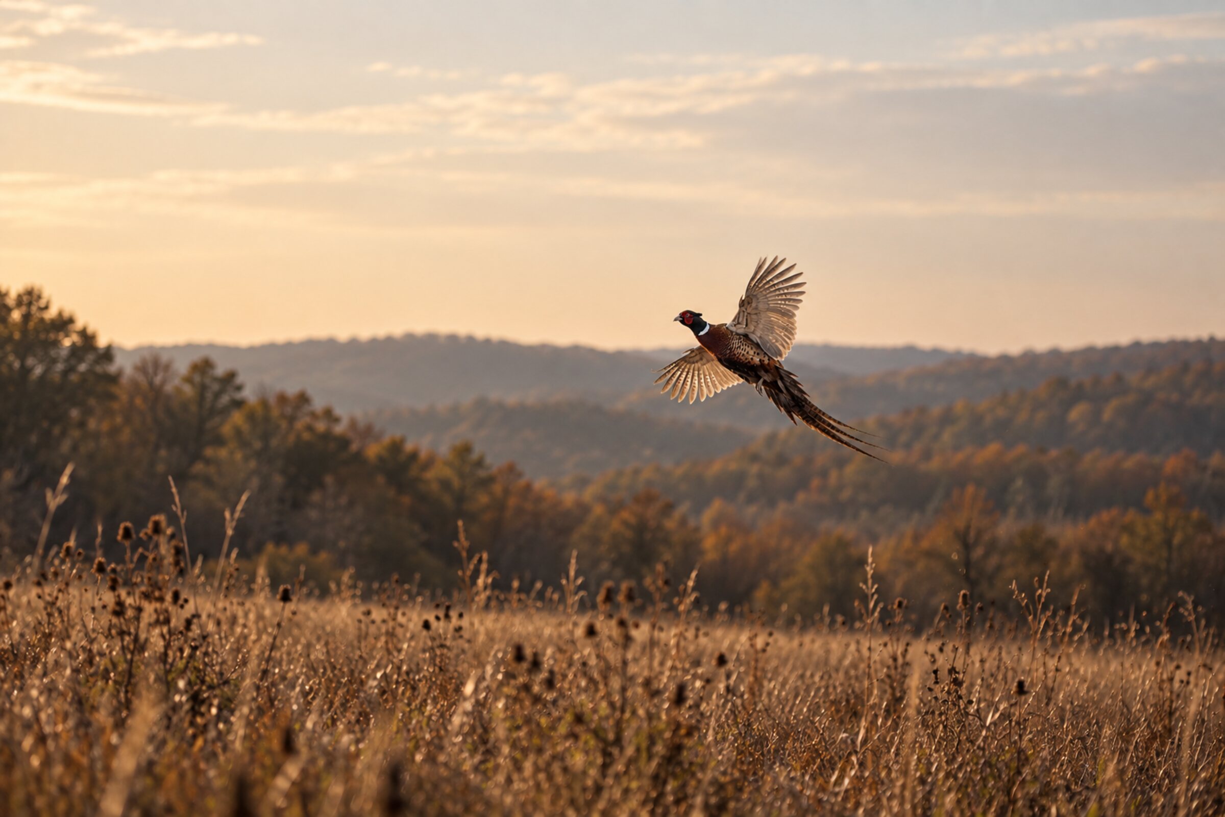 A rooster pheasant in flight over an Ozark field at sunset